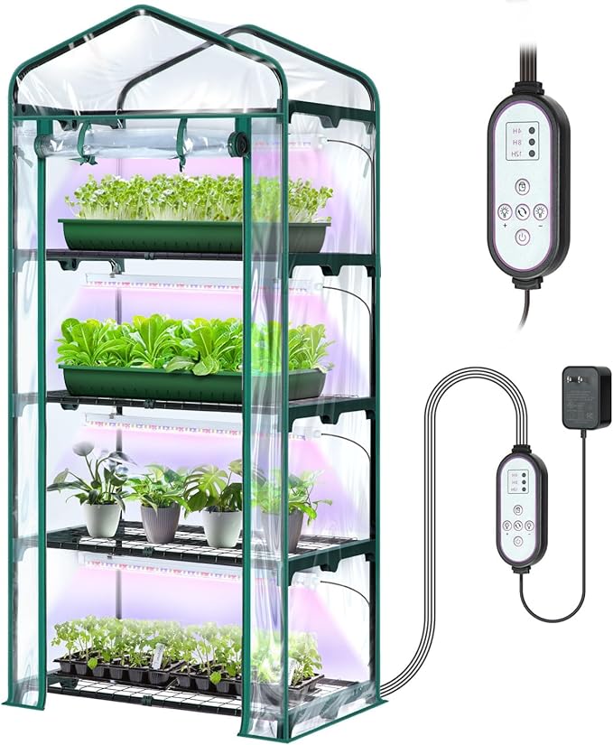 Indoor Greenhouse with Grow Light Ohuhu 4-Tier Mini Green House for Winter - Full Spectrum Greenhouses for Seed Starting Small Portable Green Houses Waterproof PVC Cover &amp Adjustable Shelves