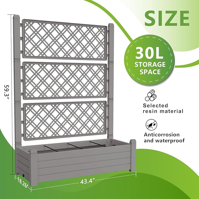 Vertical Garden Planter with Trellis for Climbing Plants Outdoor Raised Bed with Drainage &amp Water Gauge Weatherproof Resin for Patio Balcony Yard Dust-Resistant (Grey 43.43*18.27*59.29)