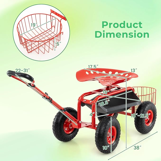 Garden Seat with Wheels Rolling Stool with Extendable Handle Storage Basket &amp Tool Tray Garden Scooter with 360 Degree Swivel Seat for Outdoor &amp Yard (Red)