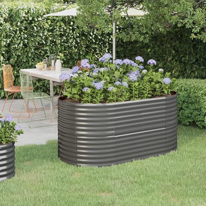 Large Oval 59.8 x 31.5 x 26.8 in Grey Powder-Coated Steel Raised Garden Bed Outdoor Planter Box Durable for Flowers Vegetables on Patio Terrace