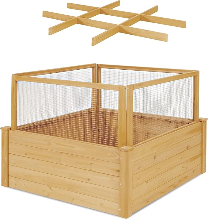 Giantex Raised Garden Bed with Fence Wood Planter Raised Bed with Critter Guard Fence 9 Grids Plant Container Outdoor Plant Box for Garden Patio Backyard Balcony (42 Lx42 Wx32.5 H)