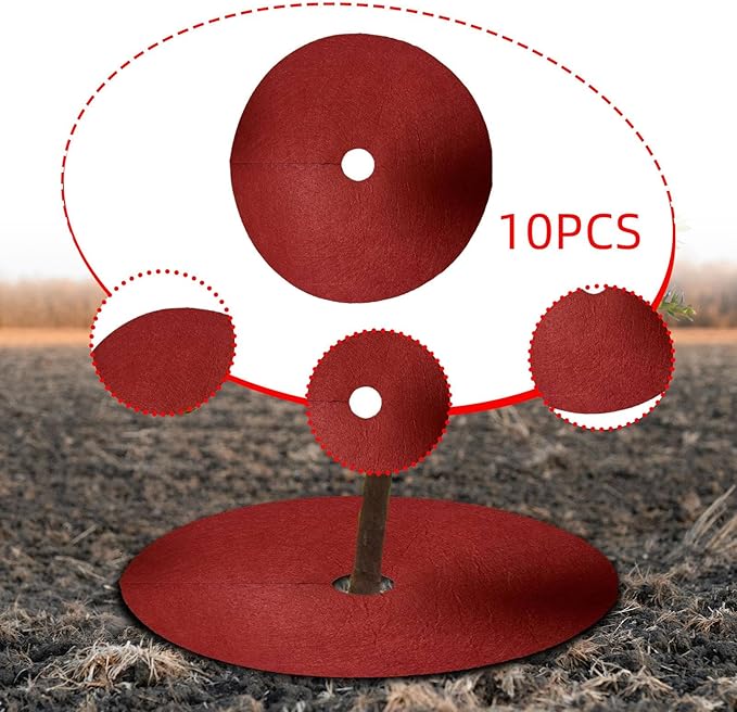 10x Tree Mulch Rings Weed Barrier Fabric with 2.76 Hole Gardening Thickened Plant Cover Breathable Non Woven Tree Protector Red