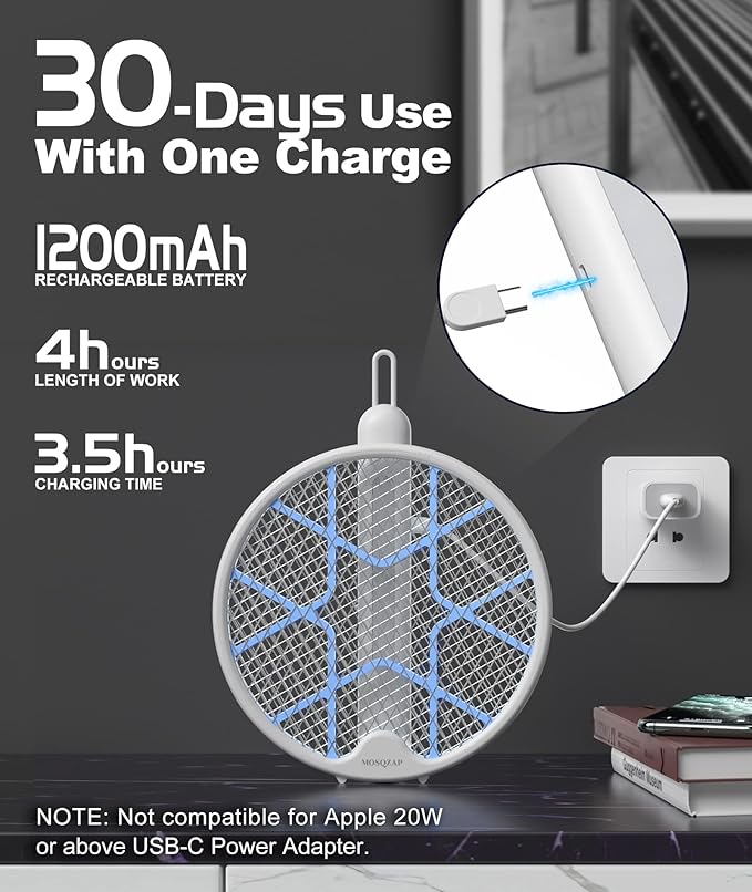 Electric Fly Swatter Foldable Bug Zapper Racket 3500Volt Mosquito Killer Electronic Fly Zapper w/Purple Light Attractant for Home Indoor Outdoor Large Size White