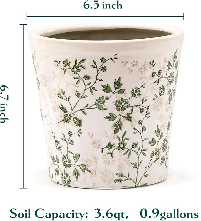 Ceramic Planter Without Drainage Hole 6.7 Inch - Indoor/Outdoor Flower Pot for Orchids Succulents Green Floral Modern Farmhouse Design Plant Pot for HomeOffice &amp Garden Décor Ideal Gift