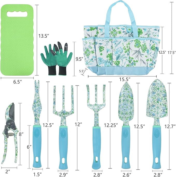 Garden Tool Set 9 Piece Aluminum Alloy Gardening Hand Tools Kit Gift for Women &amp Parent Gardening Supplies with GlovesToteKneeling PadHand PrunerTrowelHand RakeWeederForkTransplanter