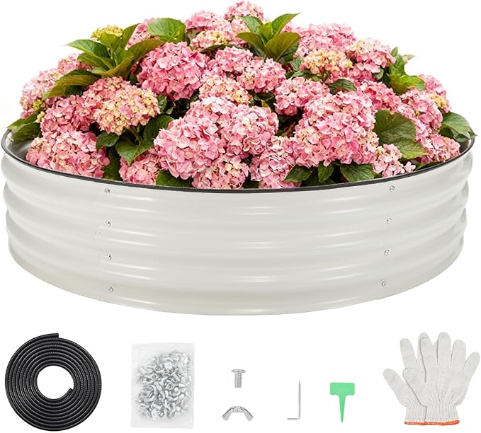 4x4x1ft Galvanized Raised Garden Bed Kit Oval Steel Planter Box with Open Bottom for Better Drainage &amp Root Growth Rust-Resistant Outdoor Flower &amp Vegetable Garden Bed Easy Assembly (White)