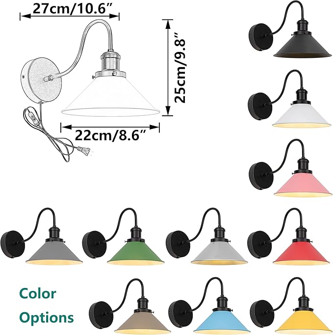 Hook Mounted Plant Light Full Spectrum 4500K 10W Adjusted Light Beam Range 15°-60° Vintage Cone Shade Goose Neck Black Wall Lamp for Indoor Plants Flowers Growing