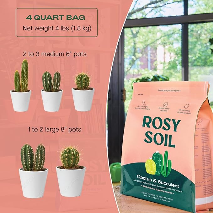 Rosy Soil Indoor Plant Soil Bundle - Houseplant Aroid &amp Cactus Potting Mixes - Peat-Free Biochar-Powered Living Soil for Indoor Gardening - 3 × 4 Qt