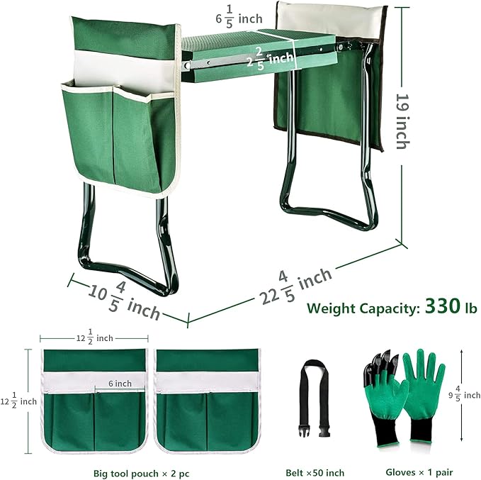BESTHLS Garden Kneeler and Seat - Heavy Duty Folding Stool with Thick Pad 2 Tool Pouches 330 lbs Capacity - Knee &amp Back Support Perfect for Seniors Women Men
