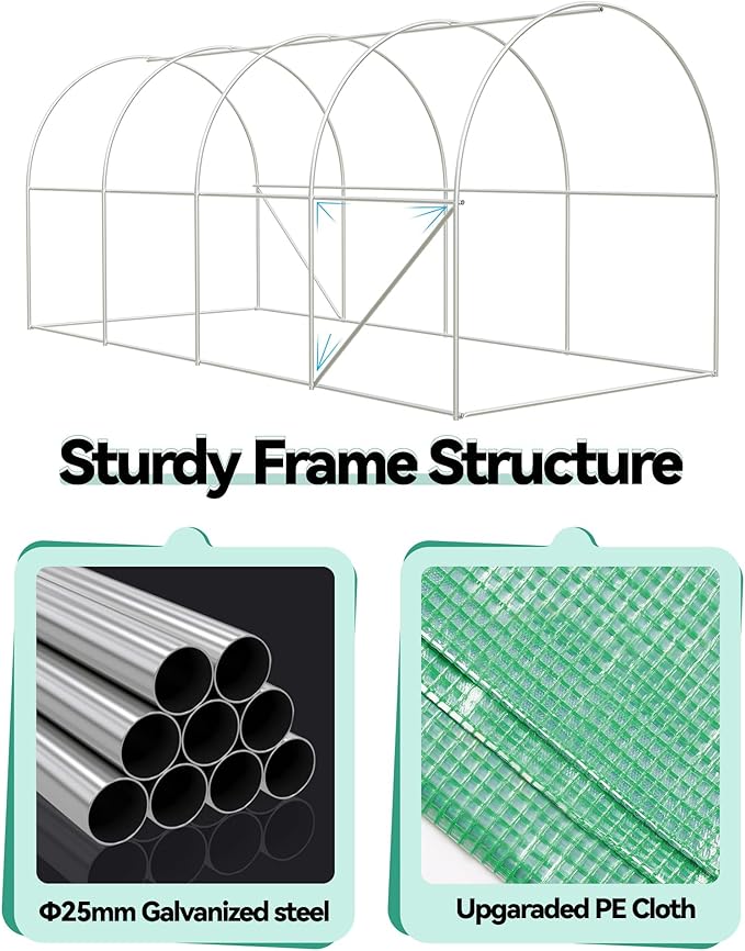Walk-in Tunnel Greenhouse 6.5 x 15 x 6.5 FT Large Outdoor Greenhouse with Door &amp Vent Windows Heavy-Duty Frame and Green PE Cover for Backyard Gardening