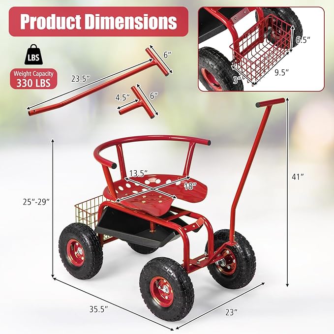 Goplus Rolling Garden Seat with Wheels Outdoor Garden Cart with 360° Swivel Seat &amp Tool Storage 2 Steering Handles Gardening Stool Wagon Scooter Lawn Patio Gardening Workseat for Seniors