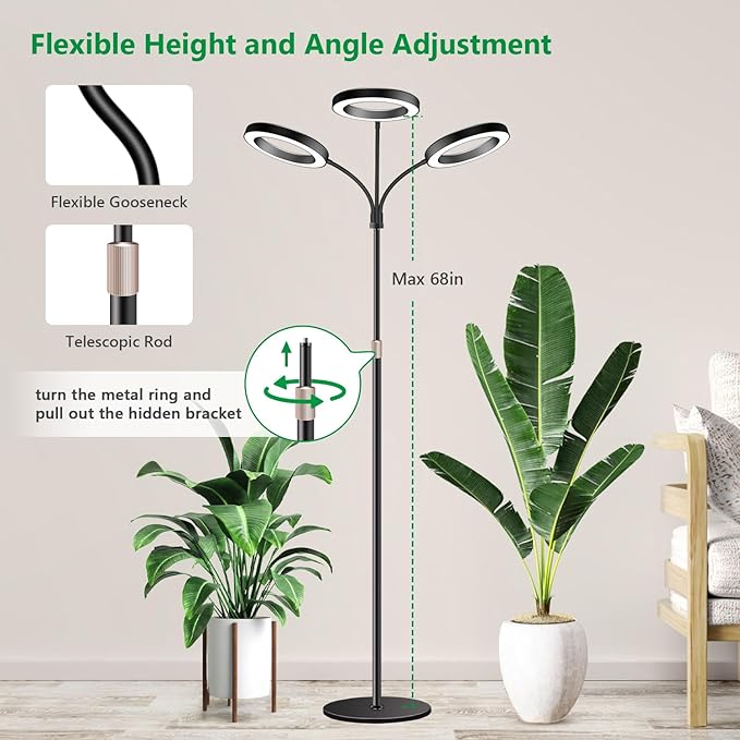 Grow Lights for Indoor Plants 3 Head Full Spectrum Plant Light with 68 Adjustable Stand for Growing Large Tall Plants Black Halo Floor LED Grow Lamp with 16 Hour Timer