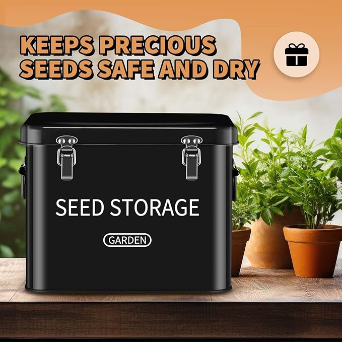 Blulu 85 Pcs Seed Storage Organizer 3 Compartment 30 Slot Metal Seed Saving Box with Lid and Lock with 1 Marker Pen 20 Plant Labels 30 Envelopes 30 Bottles Stickers for Garden Flower Plant(Black)