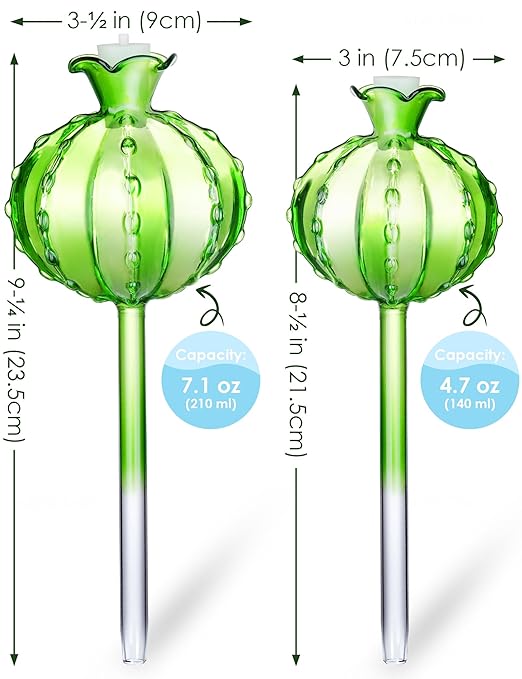 NiHome Plant Watering Globes 4-Pack (2 Small + 2 Large) Green Glass Cactus Self Watering Globe Glass Waterer for Potted Plants Automatic Mini Irrigation System Adorable Gardening Tool