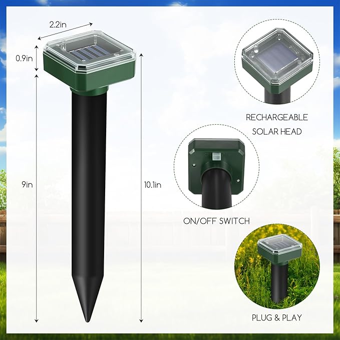 8 Pack Mole Repellent Solar Powered Gopher Repellent Ultrasonic Mole Stakes Deterrent for Yard Solar Rodent Repeller Outdoor for Vole Groundhog Chipmunk Snake Lawns Gardens Farms Burrowing Animals