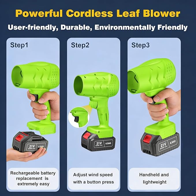Electric Leaf Blower Handheld Car Vacuum Cleaner Wind Speed Cordless Battery Blower with 2 Rechargeable Batteries and Charger Powered Handheld Blower Leaf for Yard Leaf &amp Snow Removal(Lime)