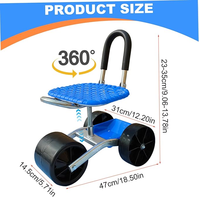 Garden Seat with Wheels 360° Swivel＆Adjustable Height Garden Stool with Wheels Heavy Duty Rolling Seat with Foldable Backrest and Storage Basket for Patio Yard Outdoor Seed Bank Seed STO