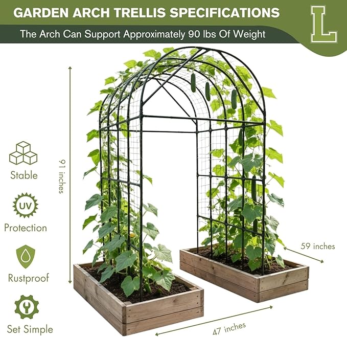Garden Trellis Arch 7FT Tall – Plastic Coated Metal Arch Trellis for Climbing Plants Outdoor Weather-Resistant Steel Garden Arch for Vegetables Cucumber Tomato Raised Bed Trellis