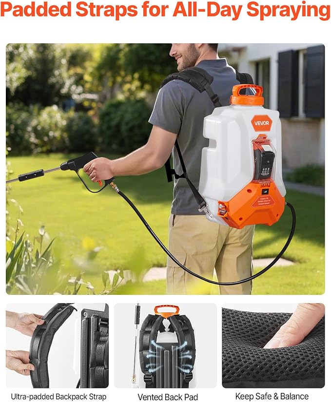 VEVOR Battery Powered Backpack Sprayer Electric Back Pack Sprayer 4 Gallon 2 Wands &amp 8 Nozzles Adjustable 0-90 PSI 4H Runtime Portable Lawn &amp Garden Sprayers for Weeding Spraying Cleani