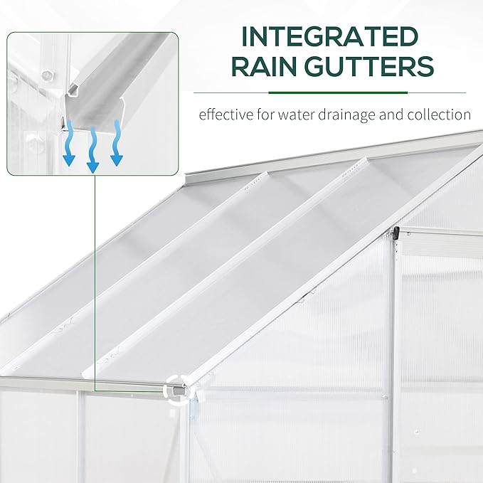 Outsunny 6' x 6' Hobby Greenhouse Walk-in Polycarbonate Hot House Kit with Aluminum Frame Sliding Door Roof Vent Silver
