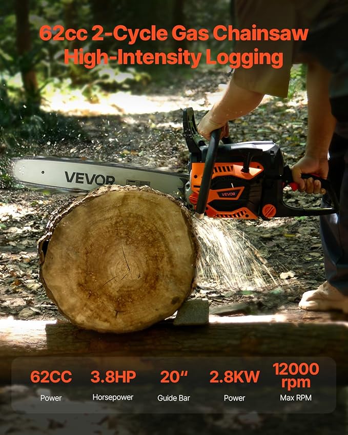 VEVOR 20inch 62CC Gas Powered Chainsaw 3.8 HP 2 Stroke Engine Gas Power Chainsaws with Non-Slip Handle Gas Chainsaws with Dual Fuel Tanks For Wood Cutting Tree Trimming and Land Clearing
