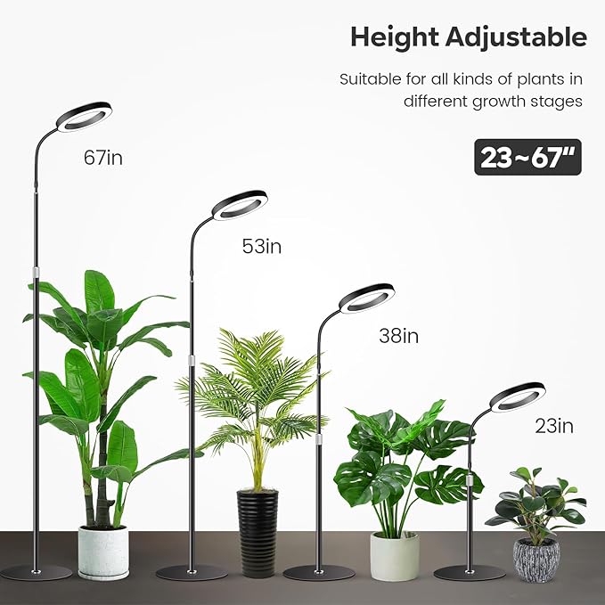 Garpsen Grow Lights for Indoor Plants Full Spectrum LED Plant Light with Stand 3 Color Modes Floor Grow Lamp with Timer 6/12/16H 5 Dimmable Levels 67'' Adjustable Height for Large Plants