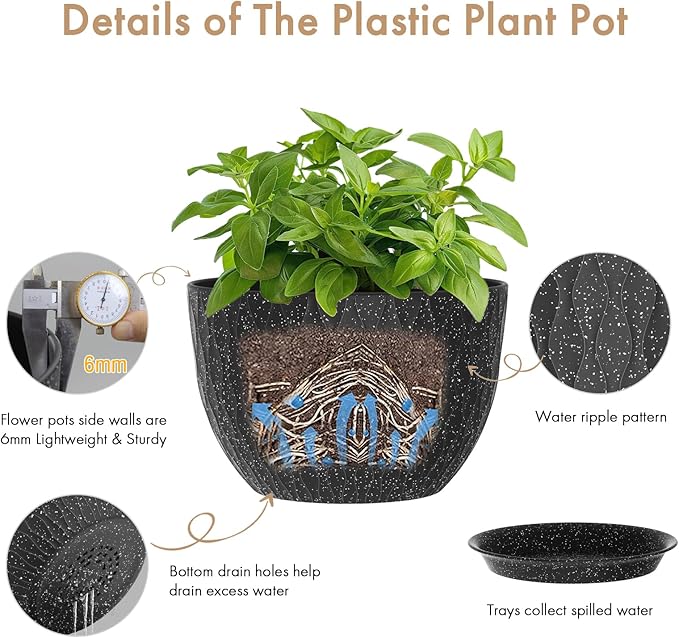 12 Inch Wide Water Ripples Flower Pots for Indoor or Outdoor Plants Large Plant Pots with Drainage Holes &amp Saucer Plastic Planters Set for Garden &amp Home Decor (Black with White Speckles)