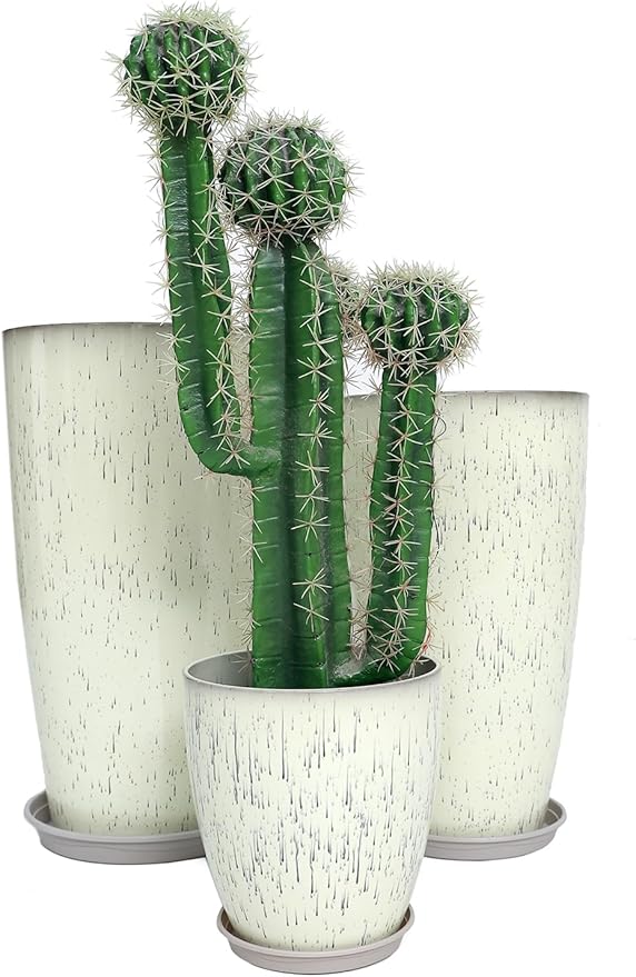 242111 Inch Large Plastic Planters with Drainage Hole and Saucer - Set of 3 Tall Plant Pots Indoor Flower Pot Tall Round Planters Outdoor Large Tall Planter