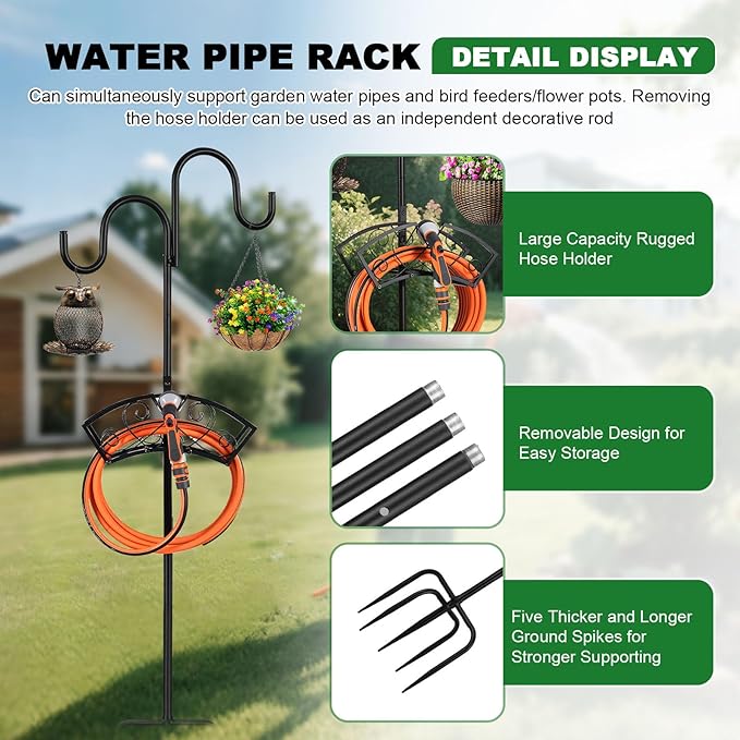 Garden Hose Holder Upgraded Heavy Duty Water Hose Holder Freestanding Hose Stand with 2 Shepherds Hooks Thickened Bird Feeder Pole Detachable Water Pipe Rack Organizer for Outside Yard Lawn