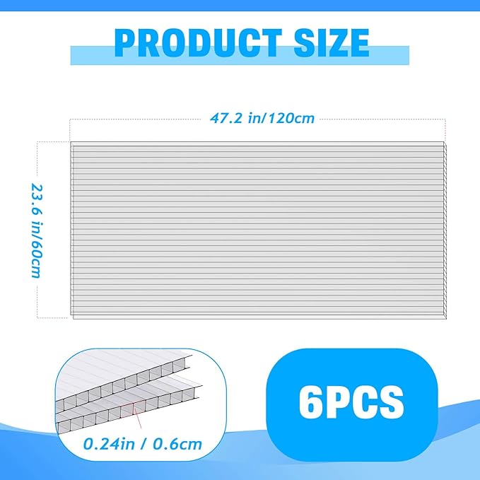 6 PCS Polycarbonate Greenhouse Panels 4' x 2' x 0.24 Twin-Wall Panels Polycarbonate Sheet for All Weather Outdoor Garden and Greenhouse Covering Excellent Light Transmission &amp Weather Resistan