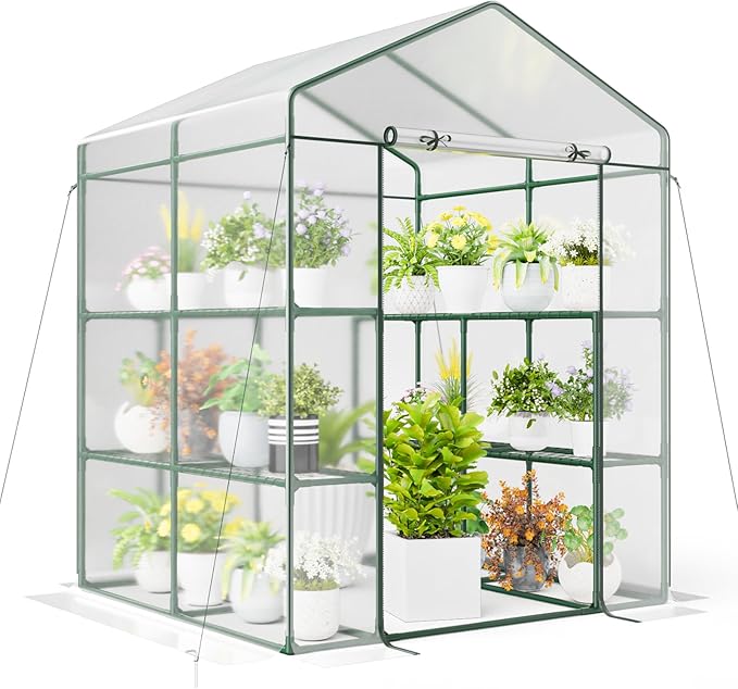 Happygrill Greenhouse Portable Greenhouses for Outdoors w/8 Shelves Roll-Up Zippered Door 2 Observation Windows &amp 2 Tiers Weather-Proof PE Cover Wind Rope (Transparent 55” x 57” x 77”)
