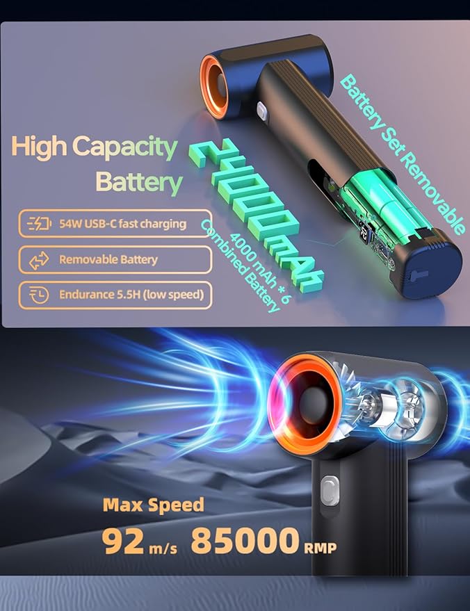 Jet Fan MAX - KiCA Jetfan Car Air Blower and Vacuum Turbo FanElectric Cordless Strong Blower 85000 RMP for Car Window Snow/Leaf ClearingDry MotocycleComputer Dust RemoveOutdootsLong Battery Life
