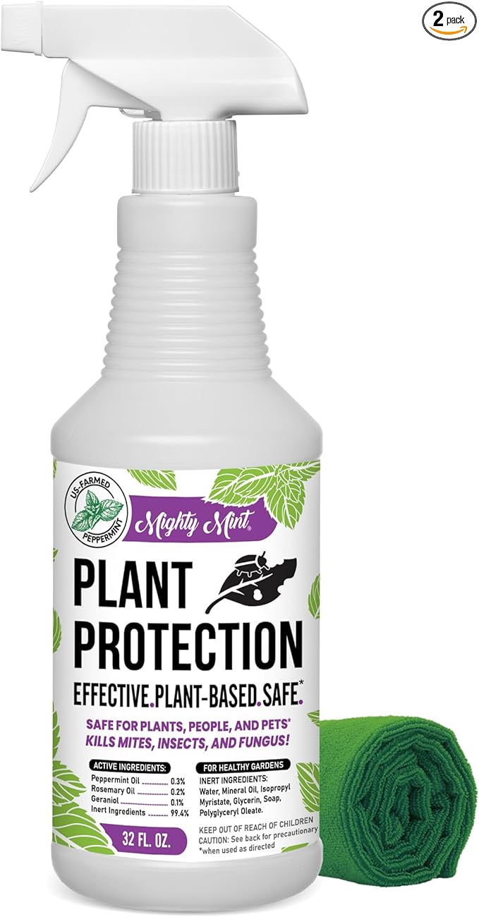 Mighty Mint Peppermint Oil Plant Protection Spray – Insect &amp Pest Control for Gnats Spider Mites &amp Aphids – Plant-Based Easy-to-Use with Microfiber Cloth- 32 oz