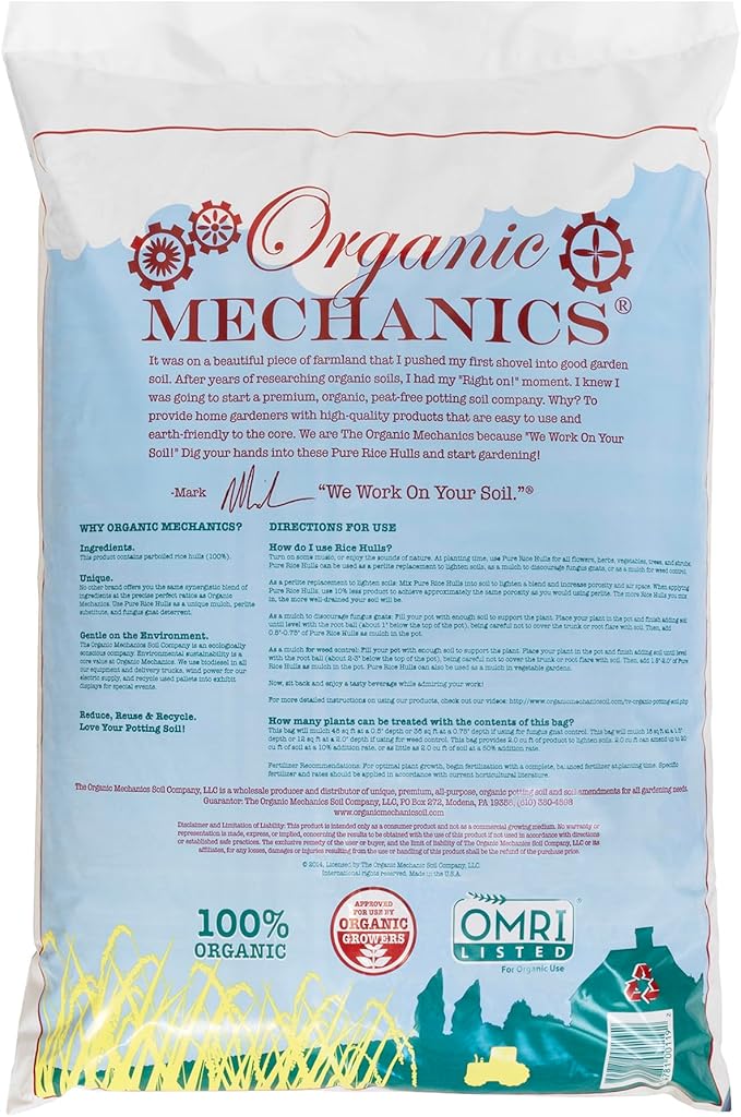 Organic Mechanics Pure Rice Hulls 2 Cu Ft - Sustainable Alternative to Perlite - Enhances Drainage Porosity and Air Space - Eco-Friendly