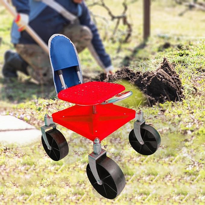 Generic Garden Trolley Rolling Seat Garden Chair Anti Slip Woven PP Seat 360° Rotating Gardening Stool for Gardener Planting Outdoor red with bag