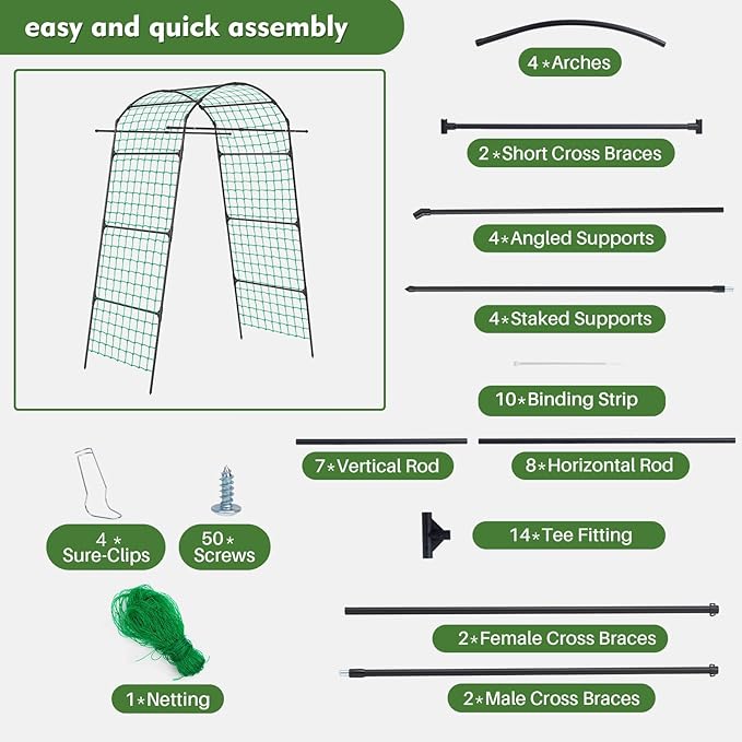 DOEWORKS 86 Inch Tall Garden Arch Trellis for Climbing Plants OutdoorTall Metal Garden Tunnel Trellises Archway for Climbing Vine、Vegetable、Fruit、Flower、Squash ArborsGarden Arches Support Structure