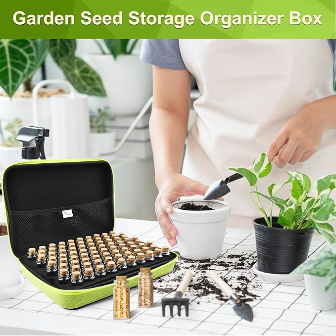 【80 Slots】 Seed Storage Organizer Sturdy Organizer Box with Dual Zipper Bag and 84Pcs Label Stickers Glass Seed Storage Container for Flower Vegetable Plants Garden Seeds Saving Green