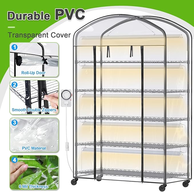 Abimars 5-Tier Greenhouse with Grow Light Shelf Height Adjustable Metal Plant Shelf with PVC Cover and Wheels Includes 5-Pack 2900K Full Spectrum Plant Lights 21x60x80inch