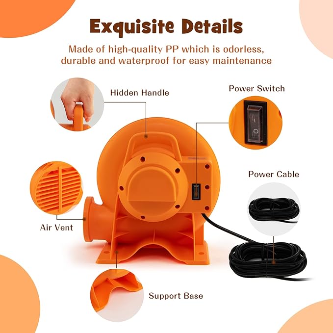 Costzon Air Blower 380W 0.5HP Bounce House Blower with 25 FT SJTW Wire &amp Stakes IPX4 Air Blower for Inflatables ETL GFCI Plug Perfect for Inflatable Bouncer Blower Jumper Bouncy Castle Oran
