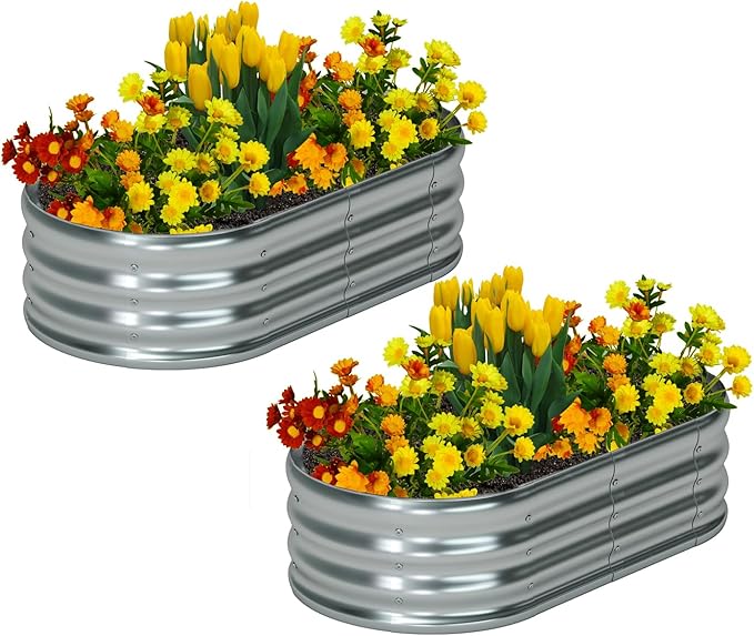 zizin 2 Pack Galvanized Raised Garden Bed Metal Oval Raised Garden Beds Outdoor Planter Box for Vegetables (4x2x1FT Silver)