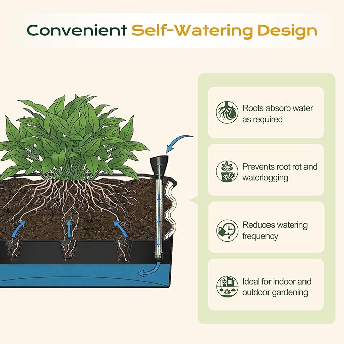 Aoodor Galvanized Raised Garden Bed 16.5'' Self-Watering Planter Box with Drainage Plug and Water Reservoir for Indoor &amp Outdoor Gardening Self-Watering Pot for Balcony Patio Backyard Beige
