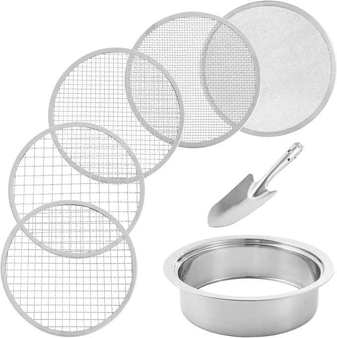 Stainless Soil Sieve Set – 5 Interchangeable Mesh 1 3 6 9 12mm Screens with Shovel | Garden Potted Plant Sifting Tool for Sand Compost Potting Mix Preparation Use