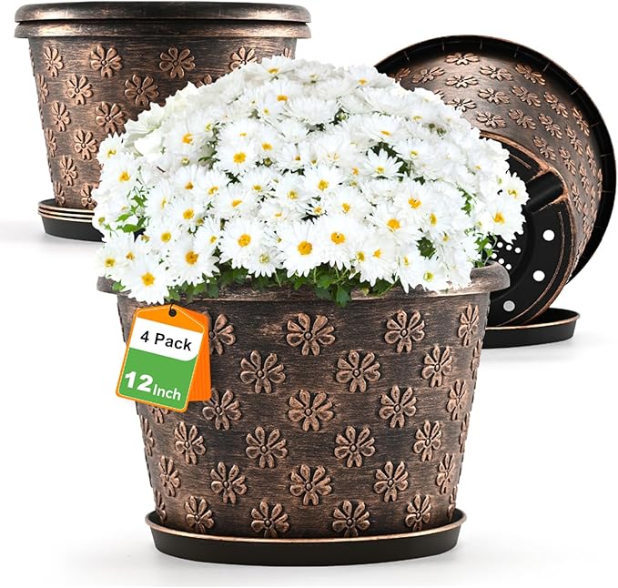 12 Inch Planter Pots for Plants Plastic Large Flower Pots Indoor Outdoor 4 Pack Resin Plant Pot with Drainage &amp Saucer Retro Decorative Garden Pot with Removable Trays for House