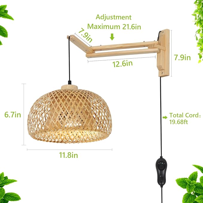 HMVPL Hanging Grow Lights for Indoor Plants Full Spectrum Boho Plant Lights for Indoor Growing with 20W COB Grow Light Bulb Bamboo Wall Mounted Grow Light with Swing Arm Timer for Large Small Plant