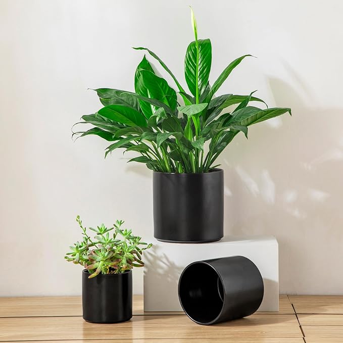 vancasso Ceramic Plant Pots 4.25+5.25+6.25 Inch Planter Pot with Drainage Hole Flower Pots for Indoor Outdoor Plants Set of 3 Black