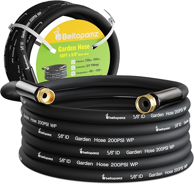 Garden Hose 50 ft x 5/8 in Heavy Duty Water Hose Flexible and Durable Lightweight Rubber Hybrid Hose Leak-Free Connections Male to Female 3/4'' Brass Fittings for Patio Lawn Black