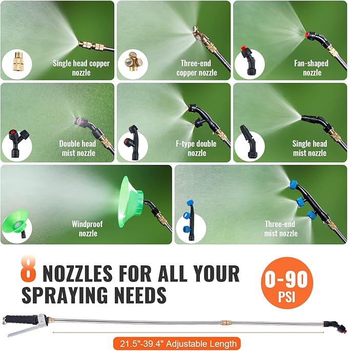 VEVOR Battery Powered Backpack Sprayer 0-90 PSI Adjustable Pressure 4 Gallon Tank Back Pack Sprayer with 8 Nozzles and 2 Wands 12V 8Ah Battery Wide Mouth Lid for Weeding Spraying Cleaning