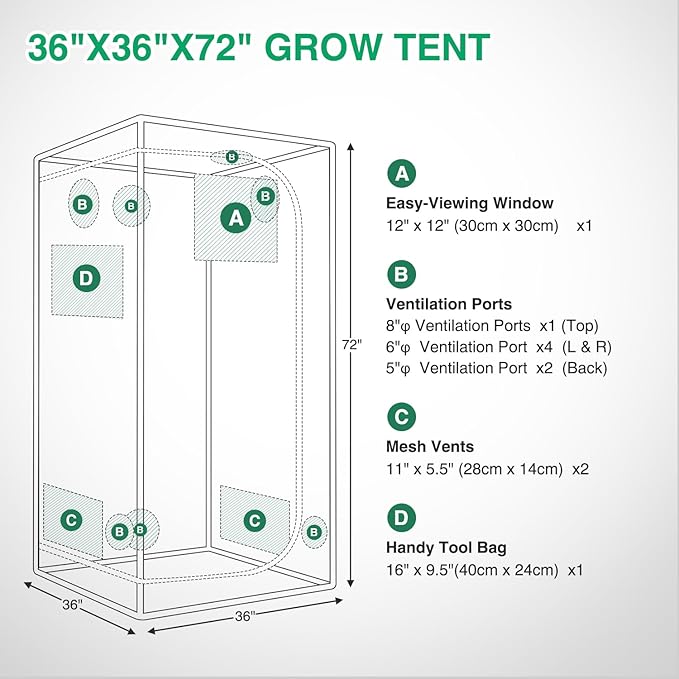 Yesker 3x3 Grow Tent 36x36x72 High Reflective Mylar Indoor Growing Tents 600D Oxford Cloth with Observation Window and Removable Floor Tray for Hydroponics Indoor Plants Fruit Flower Veg Growing