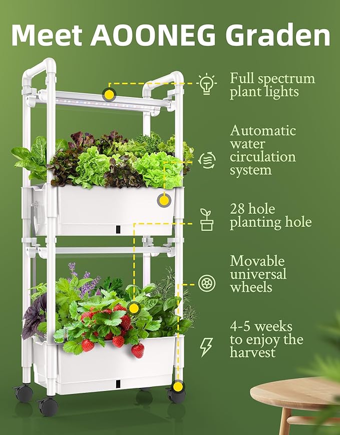 Hydroponics Growing SystemAOONEG 28Pods Indoor Herb Garden with LED Grow LightHydroponics Growing System Kit with Automatic TimerPump SystemAdjustable Height (No SeedGlossy White 2Layer-28Pods)