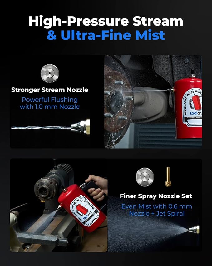 toolant 32oz Refillable Pressurized Sprayer Steel Canister Rust-Resistant Lining Needle Valve Leak-Resistant Dual Nozzles 1.0/0.6mm Funnel Included 200 PSI Max for Brake Cleaner &amp Solvents